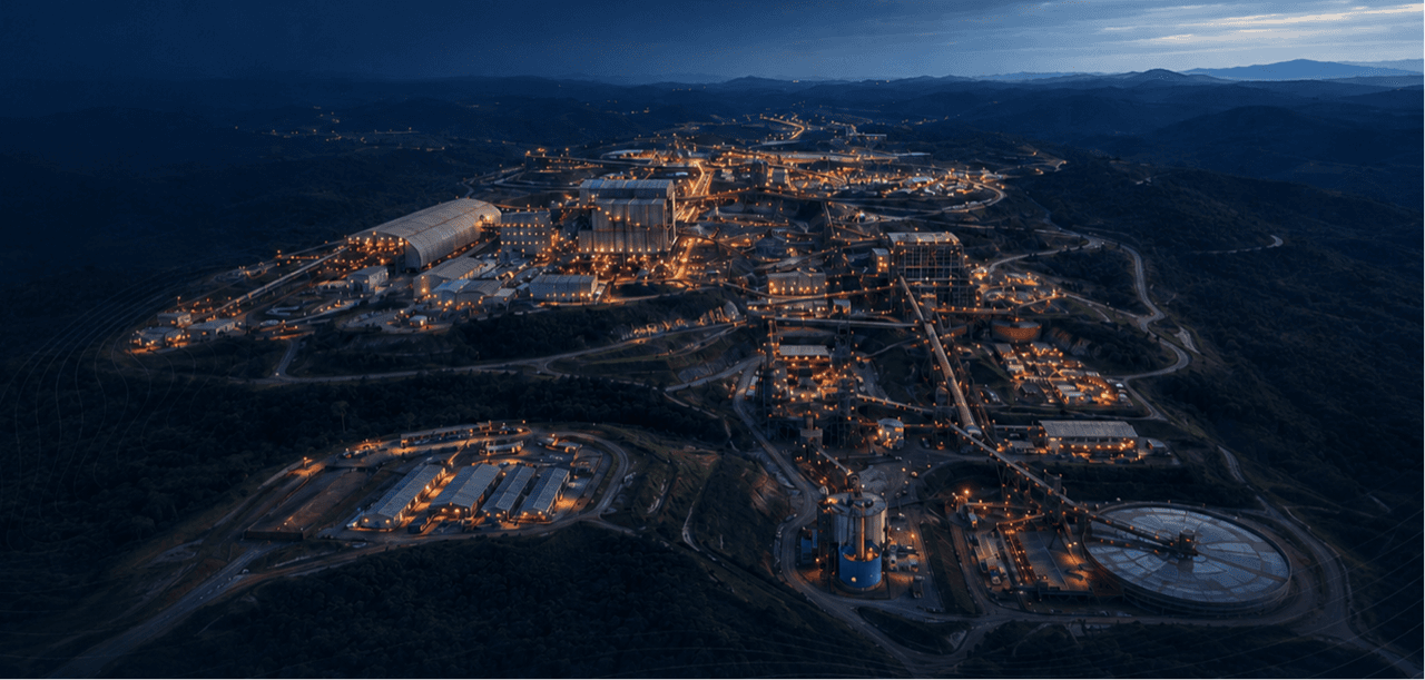 AI-generated illustration of an industrial complex; not a photograph of Minas-Rio.